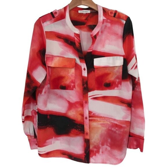 Calvin Klein woman's blouse top tunic tie-dye pattern orange pink size medium - Picture 1 of 11